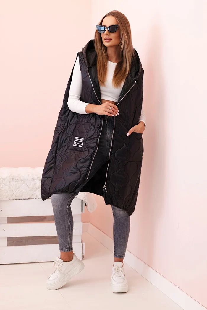 Kesi Włoski Dámská prošívaná vesta Plus Size s kapucí na zip černá