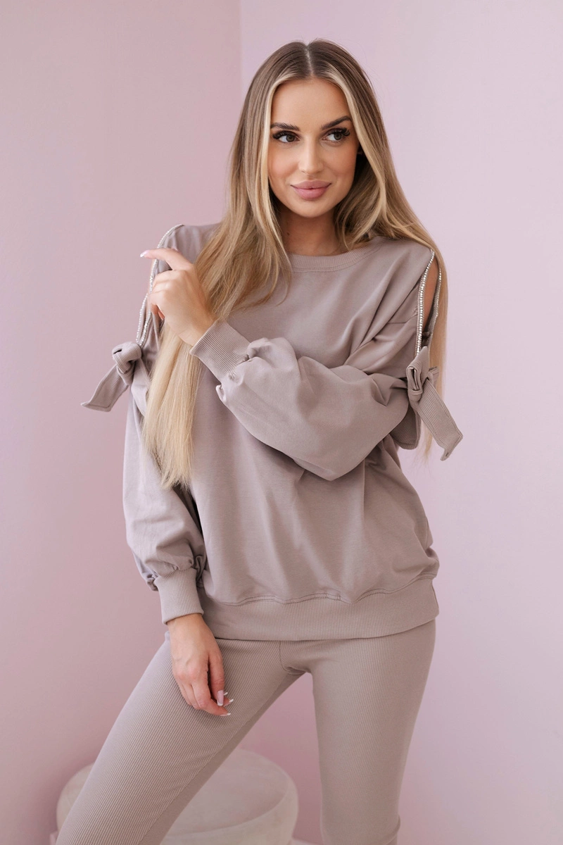 Women&#039;s set of sweatshirt with bow and leggings - dark beige