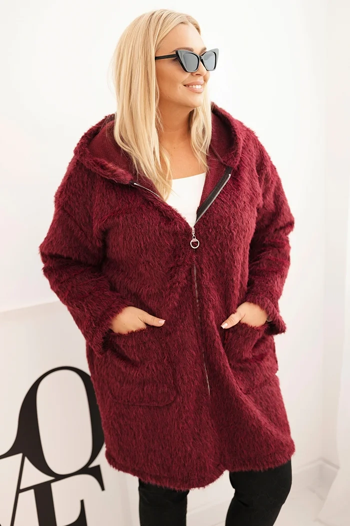 Kesi Włoski Plus Size women's coat made of viscose with a zipper and a hood plum