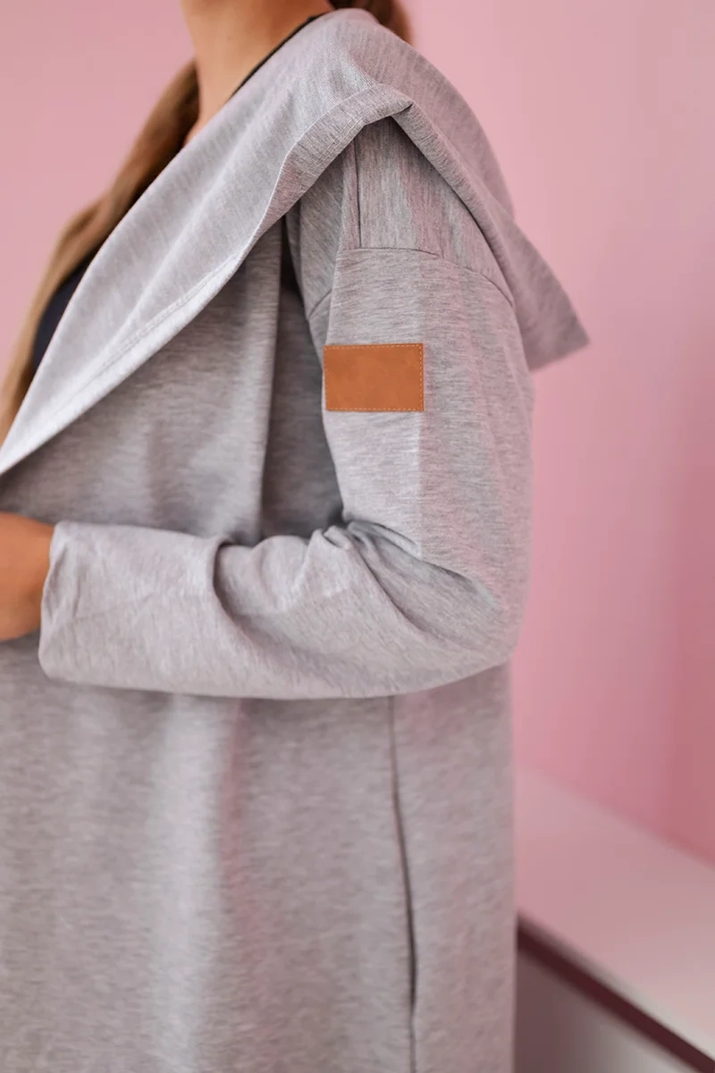 Long cardigan with a hood in gray color
