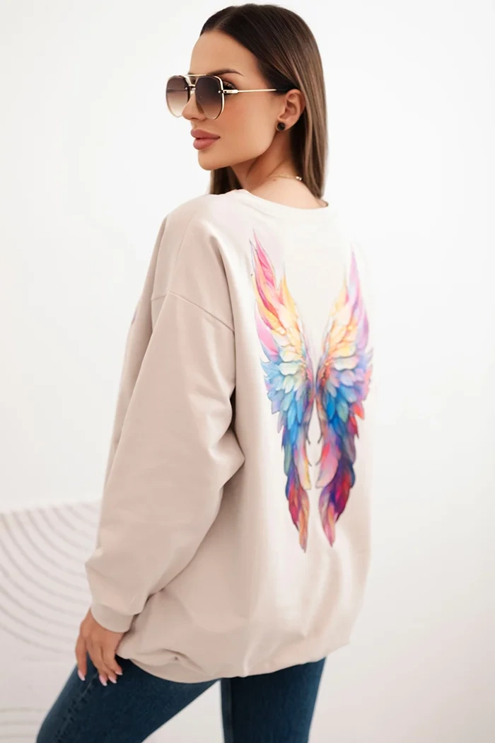 Polski Women's oversized cotton sweatshirt with colorful wings on the back beige