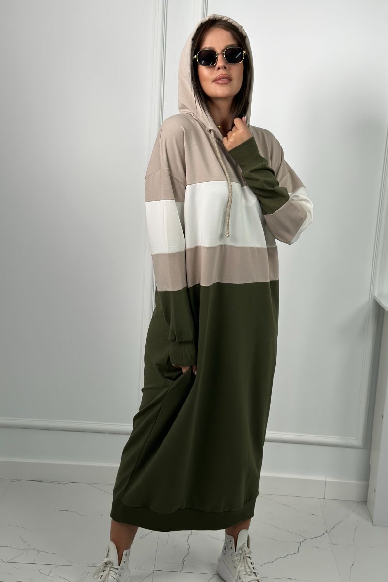 Three-color hooded dress beige + ecru + khaki