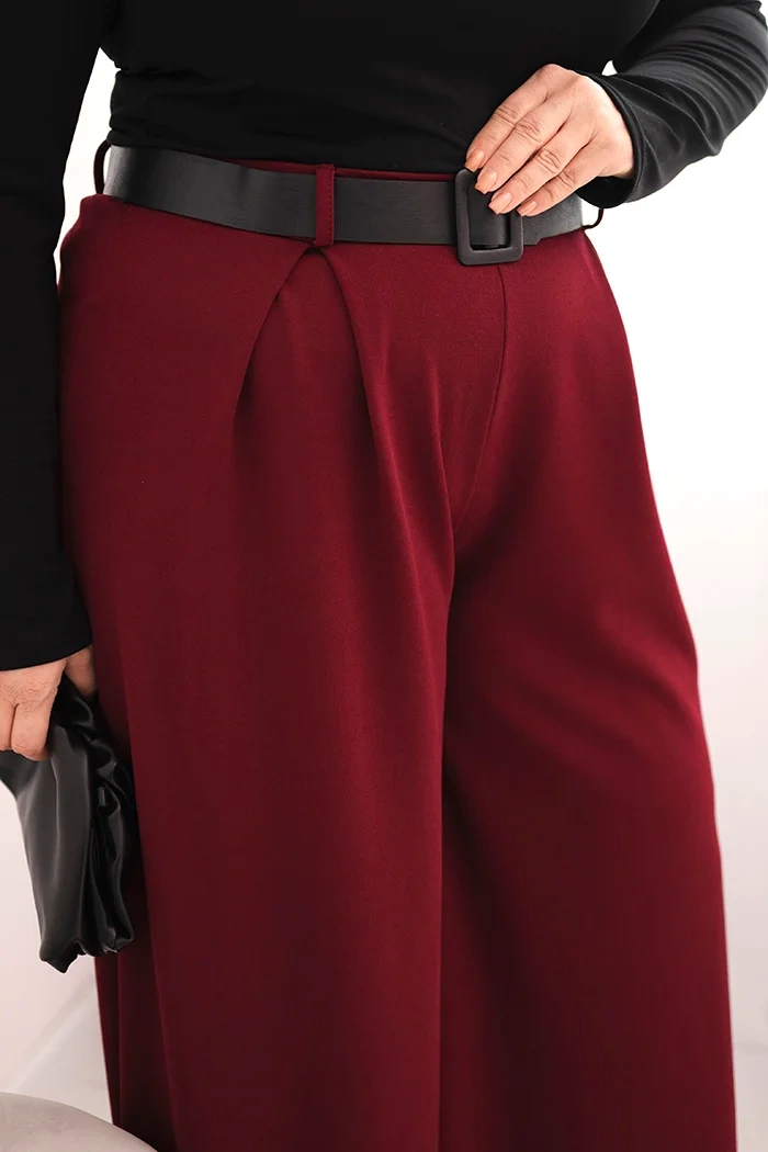 Kesi Włoski Plus Size women's trousers with wide legs and a belt burgundy