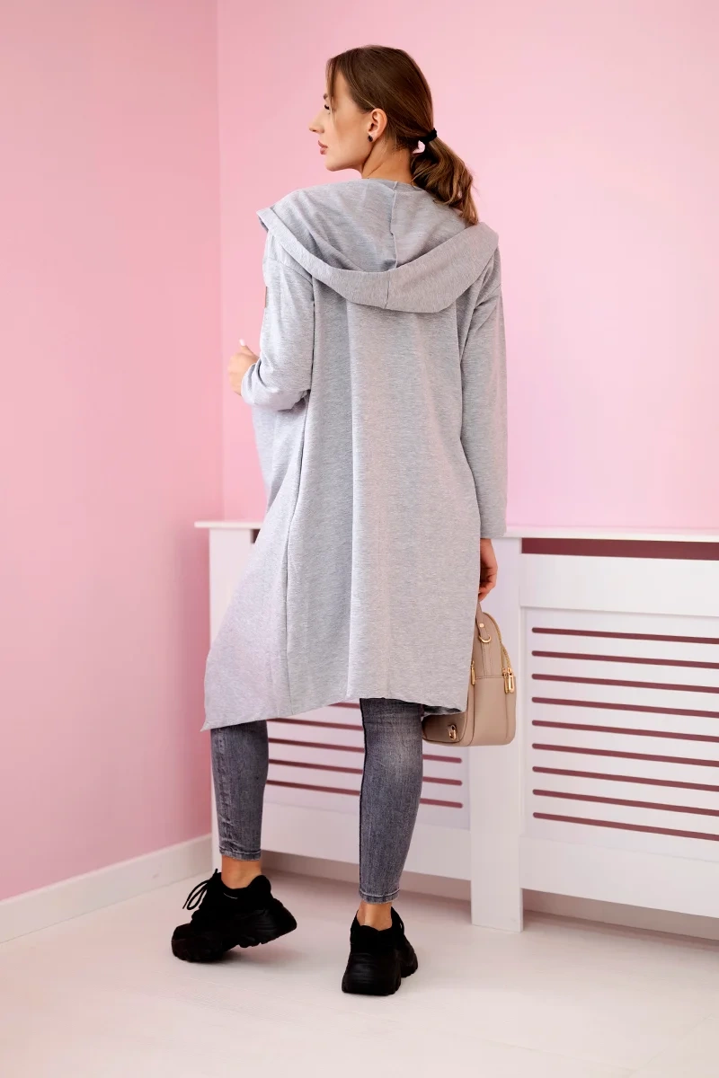 Long cardigan with a hood in gray color
