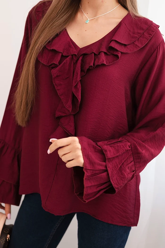 Kesi Włoski Women's viscose blouse with ruffles and long sleeves maroon