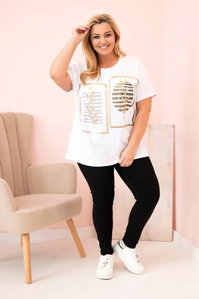 Kesi Włoski Women's cotton Plus Size blouse with rhinestones white + khaki