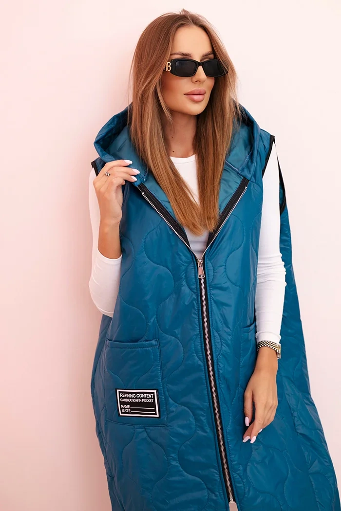 Kesi Włoski Dámska prešívaná vesta Plus Size s kapucňou na zips morská