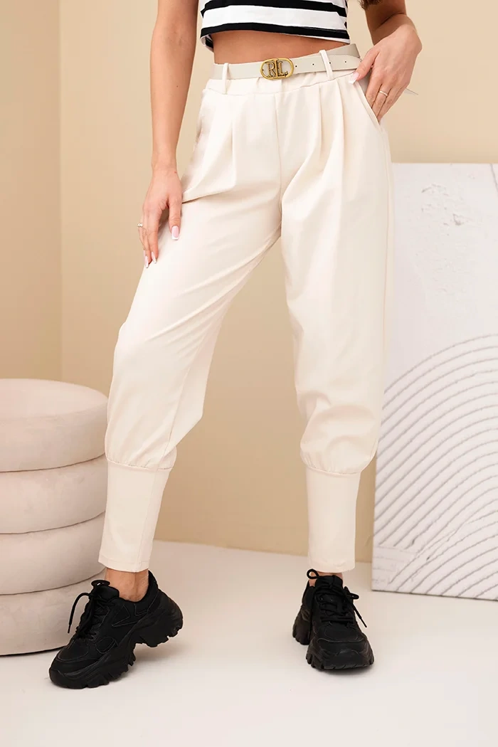 Kesi Włoski Dámske bavlnené nohavice s vysokým pásom a opaskom béžová