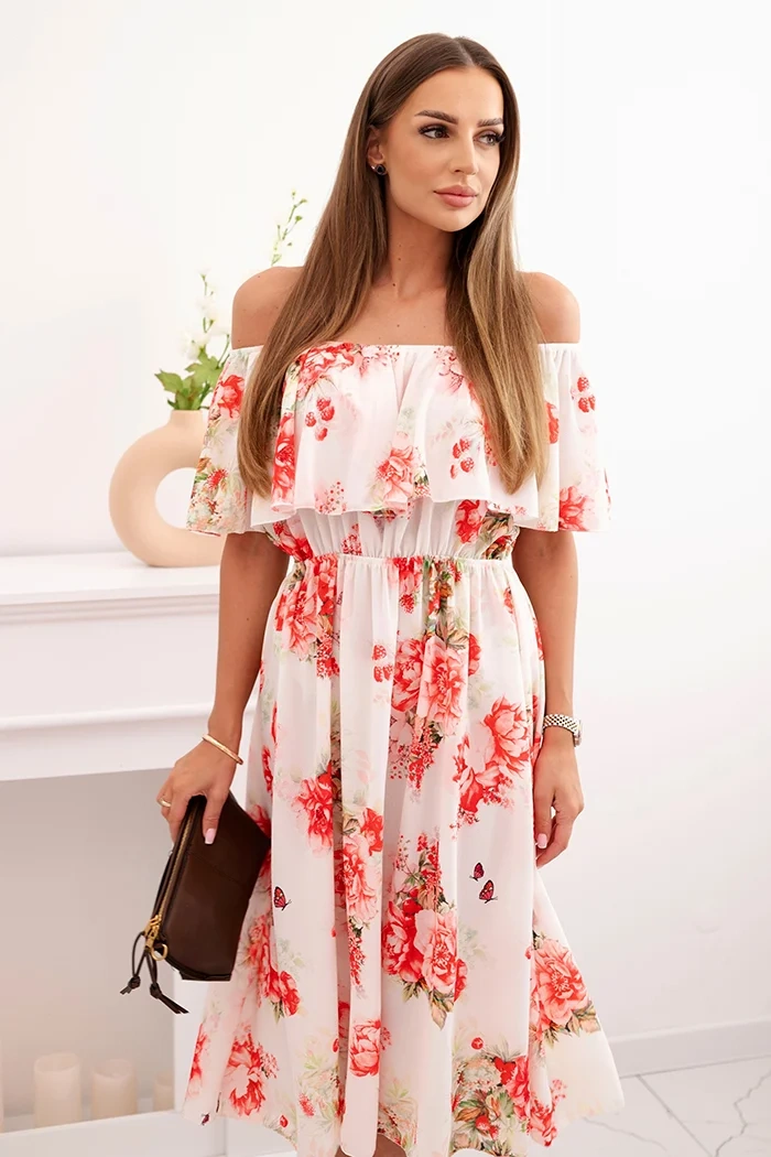 Kesi Włoski Women&#039;s dress with a frill and bare shoulders with flowers red