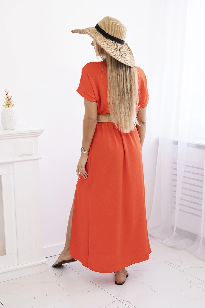 Kesi Włoski Long dress with a decorative belt dark orange