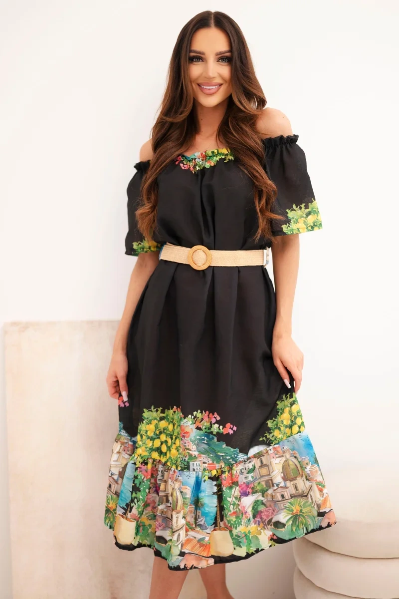 Off-shoulder šaty s páskem a krátkými rukávy