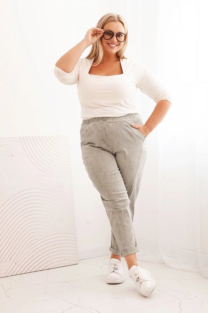 Kesi Włoski Womens Plus Size distressed pants with viscose and wide elastic light khaki