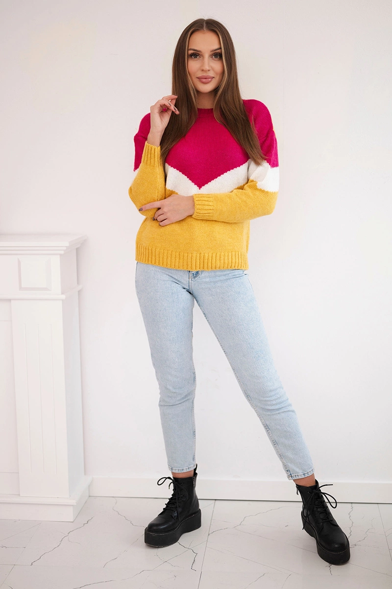 Sweater with geometric fuchsia + mustard patterns