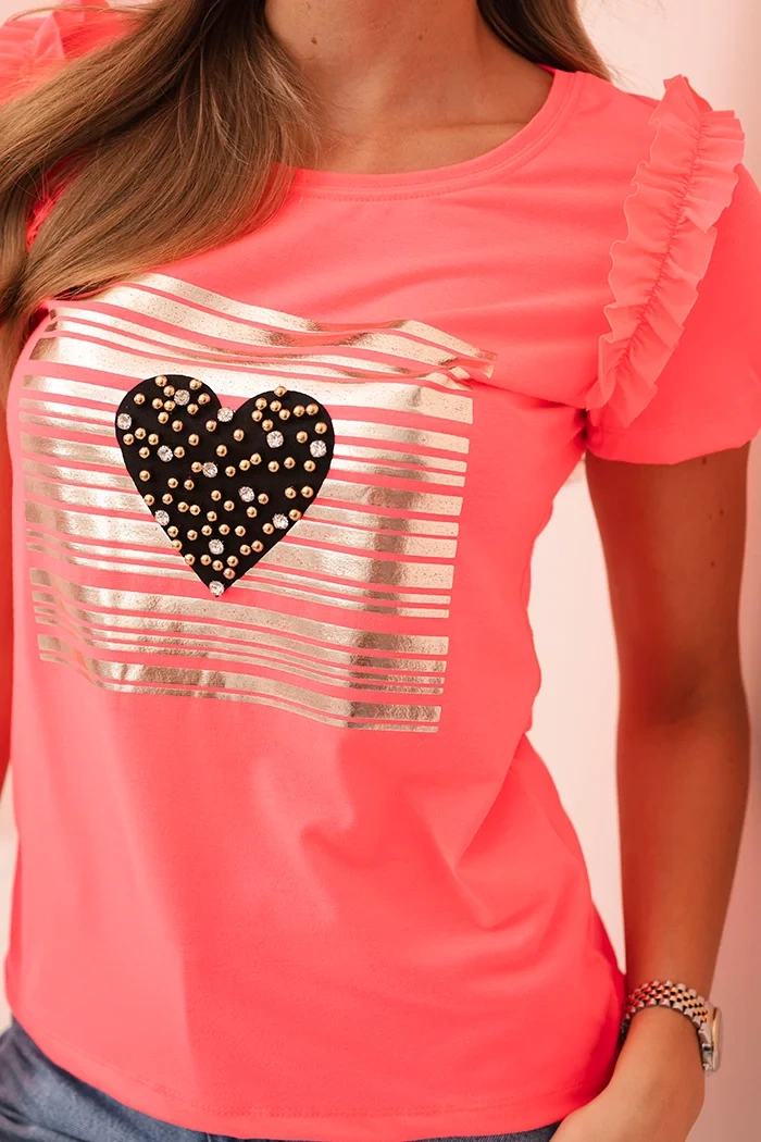Kesi Women's cotton blouse with ruffles and a heart of rhinestones neon pink