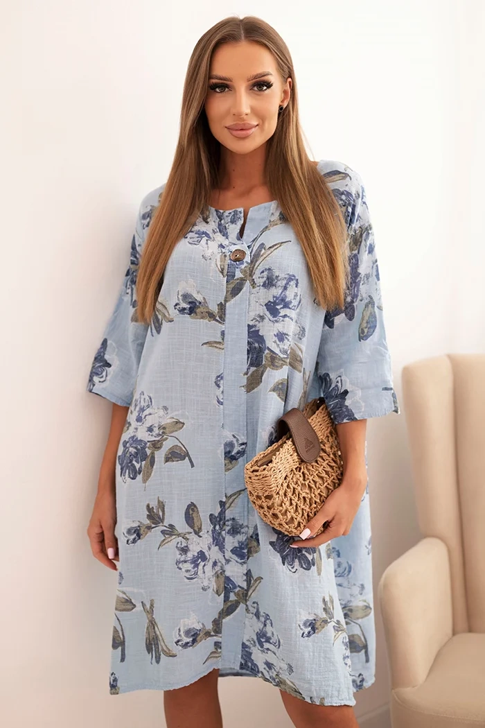 Kesi Włoski Womens cotton dress with a floral pattern and 3/4 sleeves blue