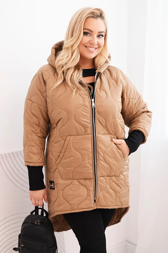 Kesi Włoski Dámska zimná bunda Plus Size prešívaná s kapucňou camelová