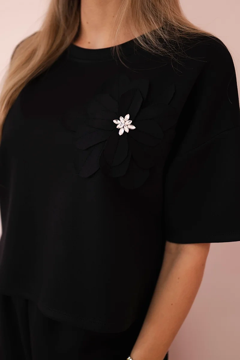 Kesi Włoski Buttery fabric set blouse with a flower + pants black