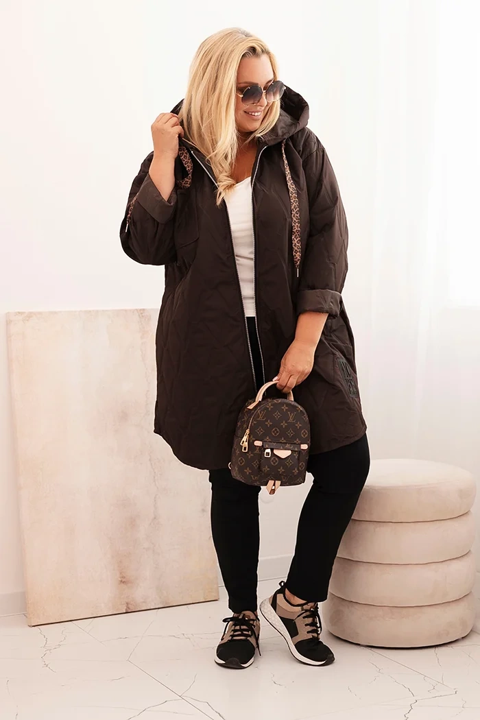 Kesi Włoski Plus Size women's quilted jacket with a hood and the inscription HOPE brown