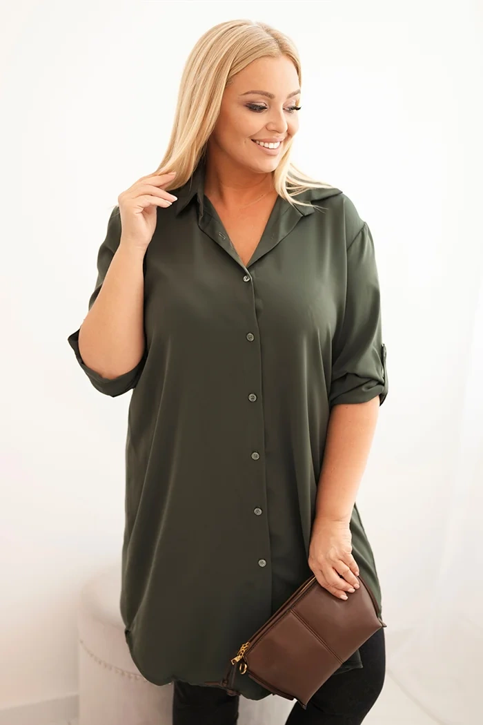 Kesi Włoski Dámska košulová sukňa Plus Size s dlhším zadným dielom a podhodeným rukávom khaki