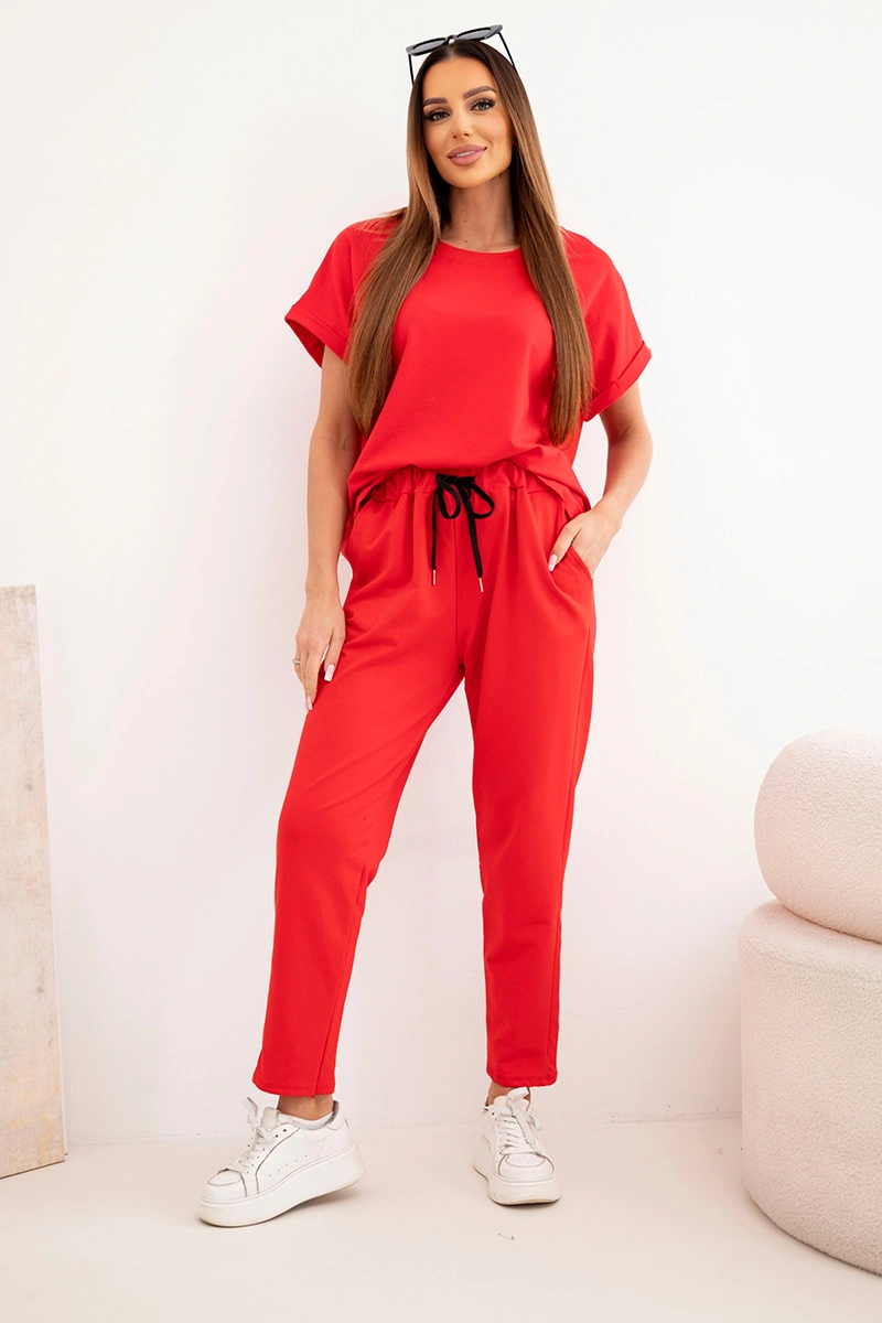 Комплект от памучна блуза и панталон Kesi в червено