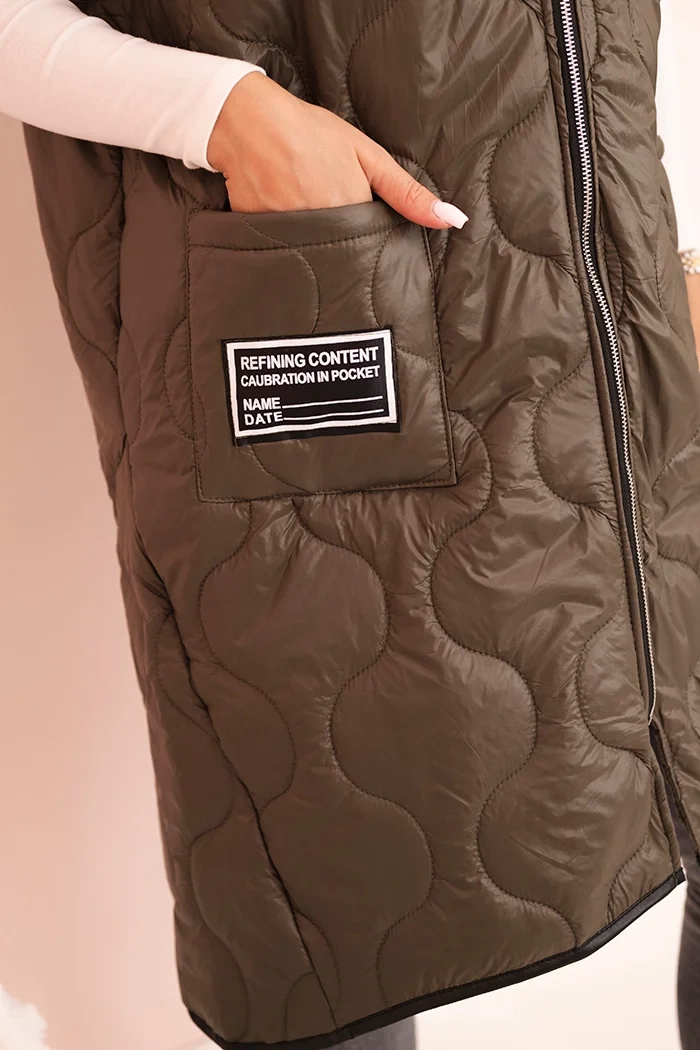 Kesi Włoski Dámska prešívaná vesta Plus Size s kapucňou na zips khaki