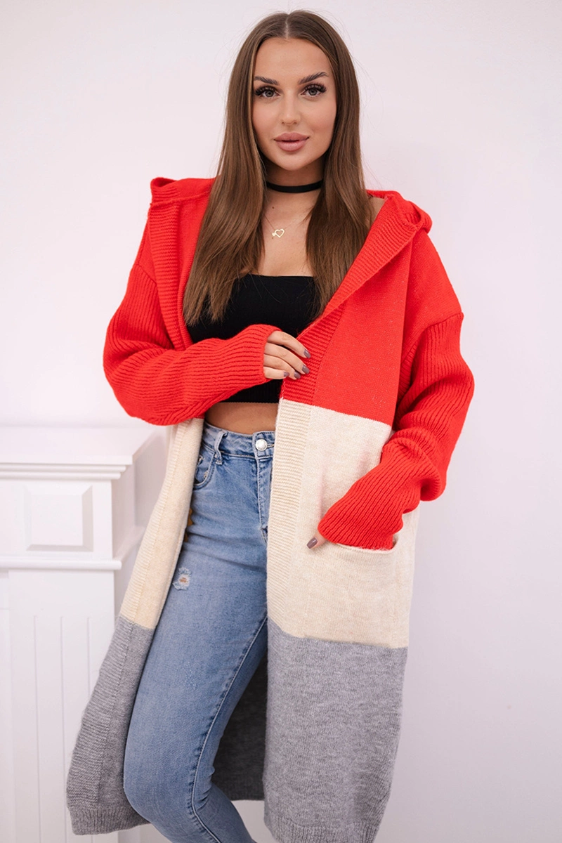 Striped hooded sweater red + beige + gray