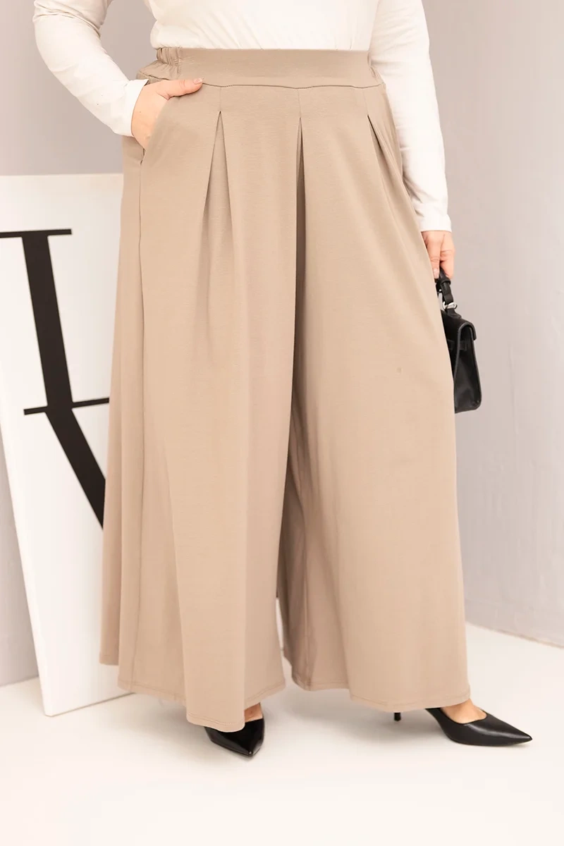 Kesi Włoski Dámske bavlnené nohavice Plus Size s širokými nohavicami a voľným strihom fango