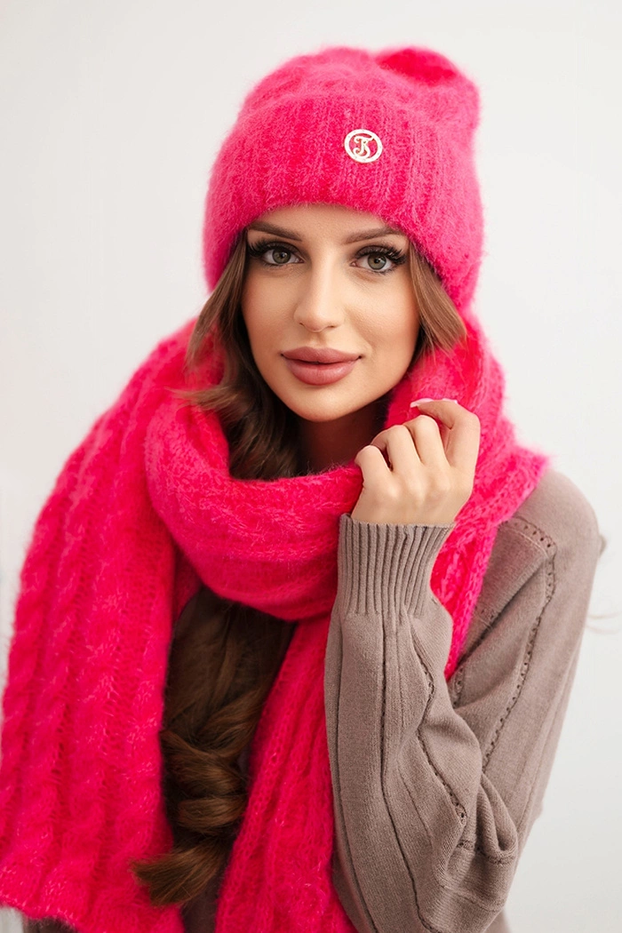 Kesi Women&#039;s set hat and scarf ribbed with decoration neon pink