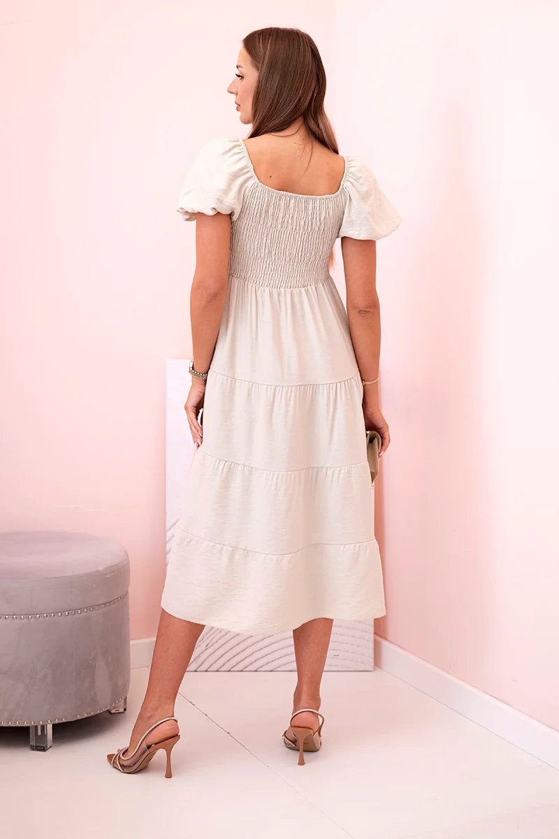 Kesi Włoski Women's viscose dress with puffed sleeves and a ruffled top beige