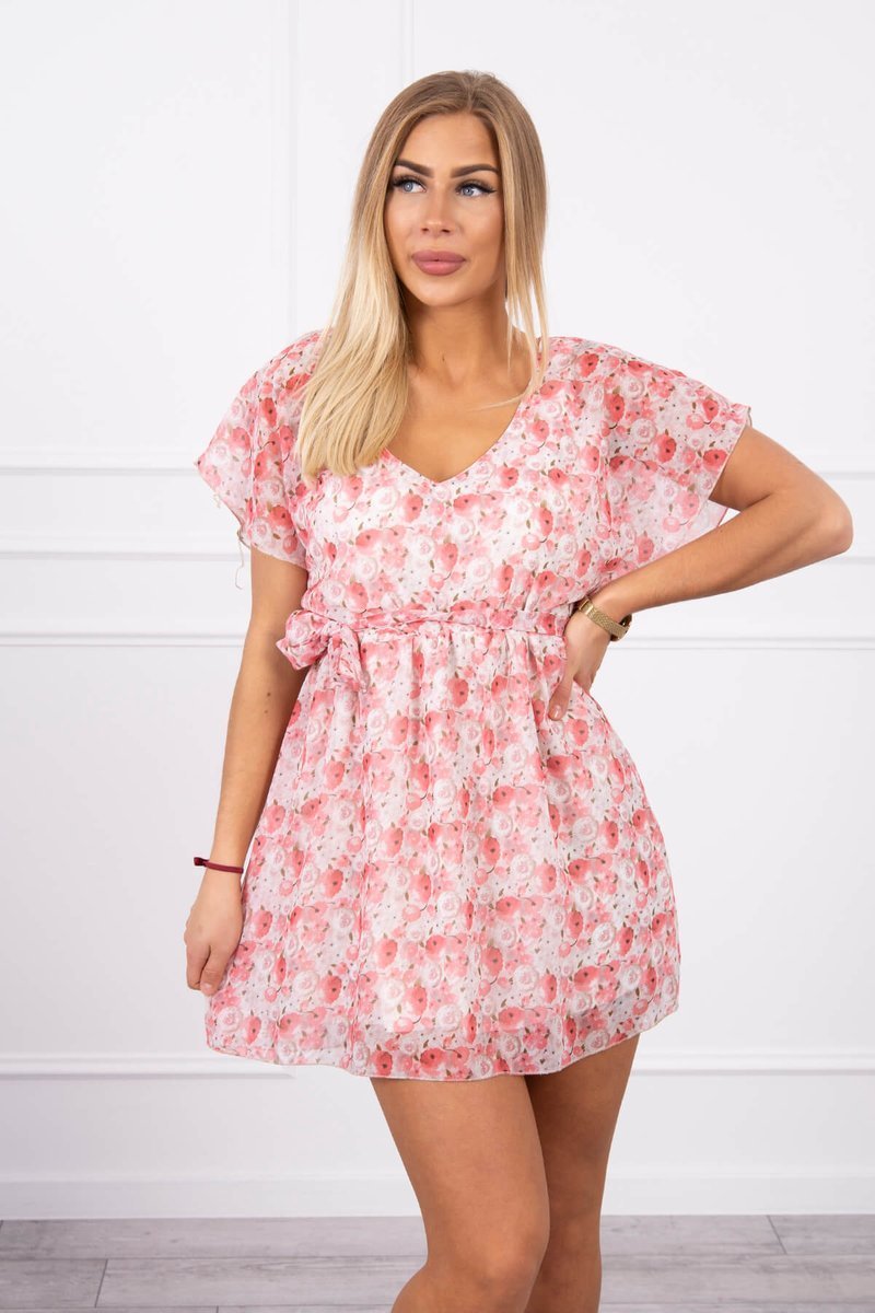 Floral dress with tie at the waist powder pink