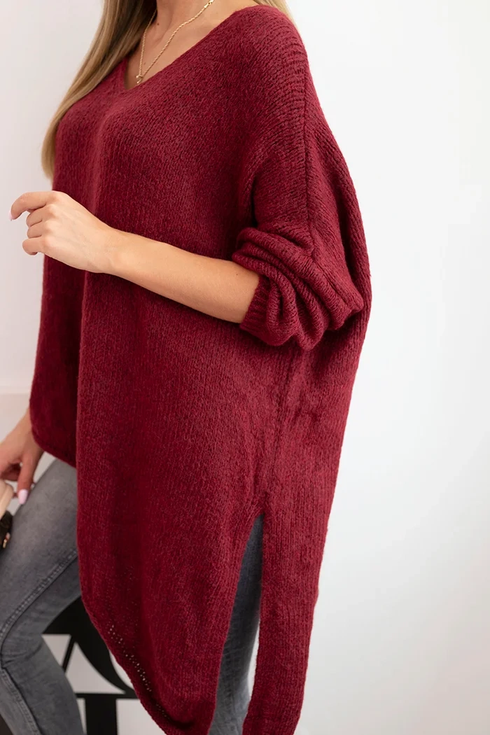 Kesi Włoski Women's asymmetrical wool sweater Plus Size with V-neck burgundy