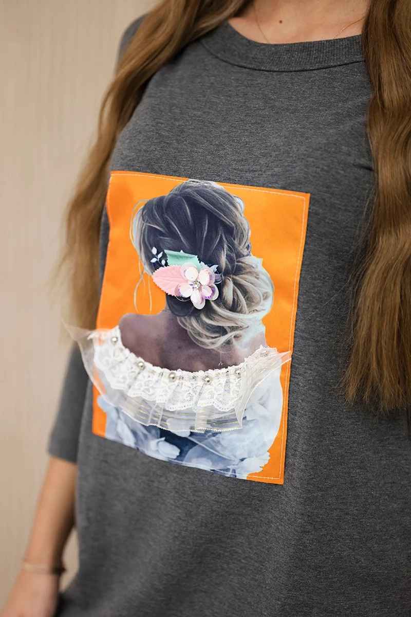 Dress with 3D graphics, graphite lace