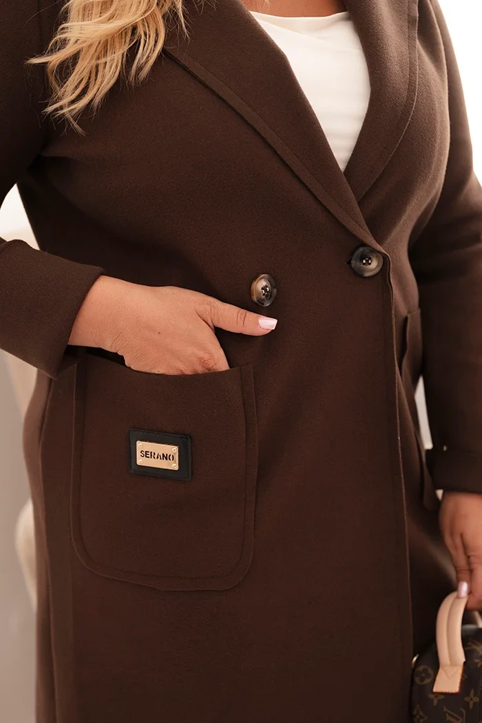 Kesi Włoski Elegant Plus Size women's coat with a collar and large pockets brown