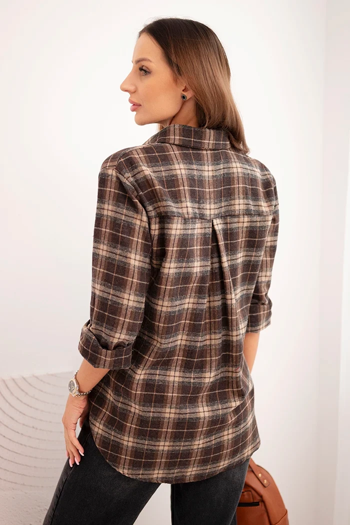 Kesi Włoski Women's cotton checkered shirt with a longer back brown + camel