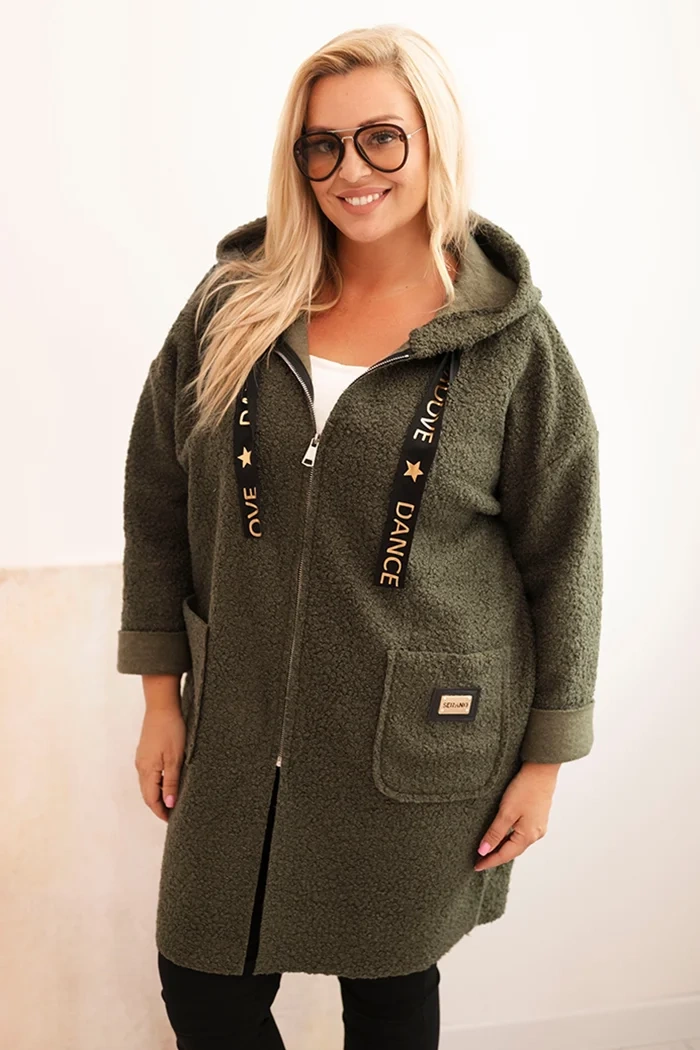 Kesi Włoski Plus Size womens coat made of faux shearling with a hood and pockets khaki
