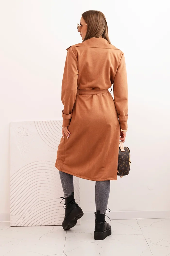Kesi Włoski Women's coat tied at the waist with a collar and buttons camel