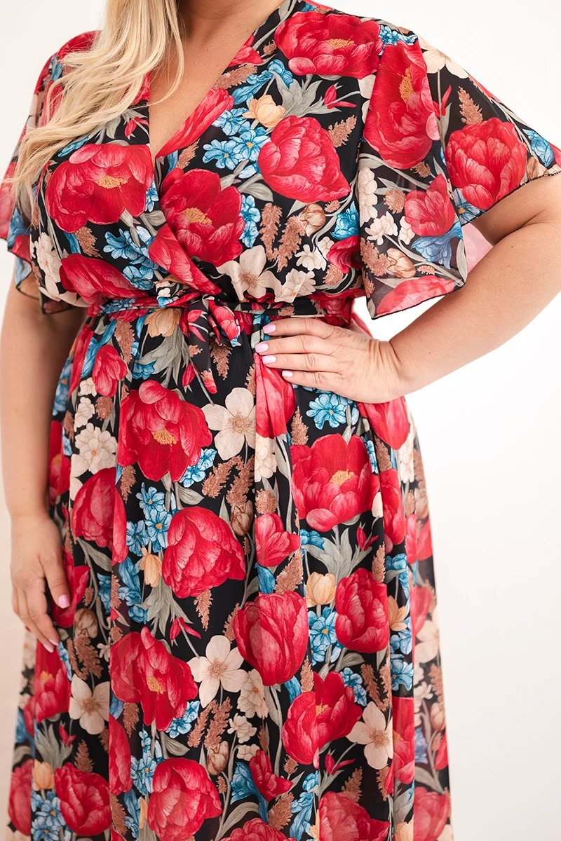 Dámske plus size kvetinové šaty s opaskom