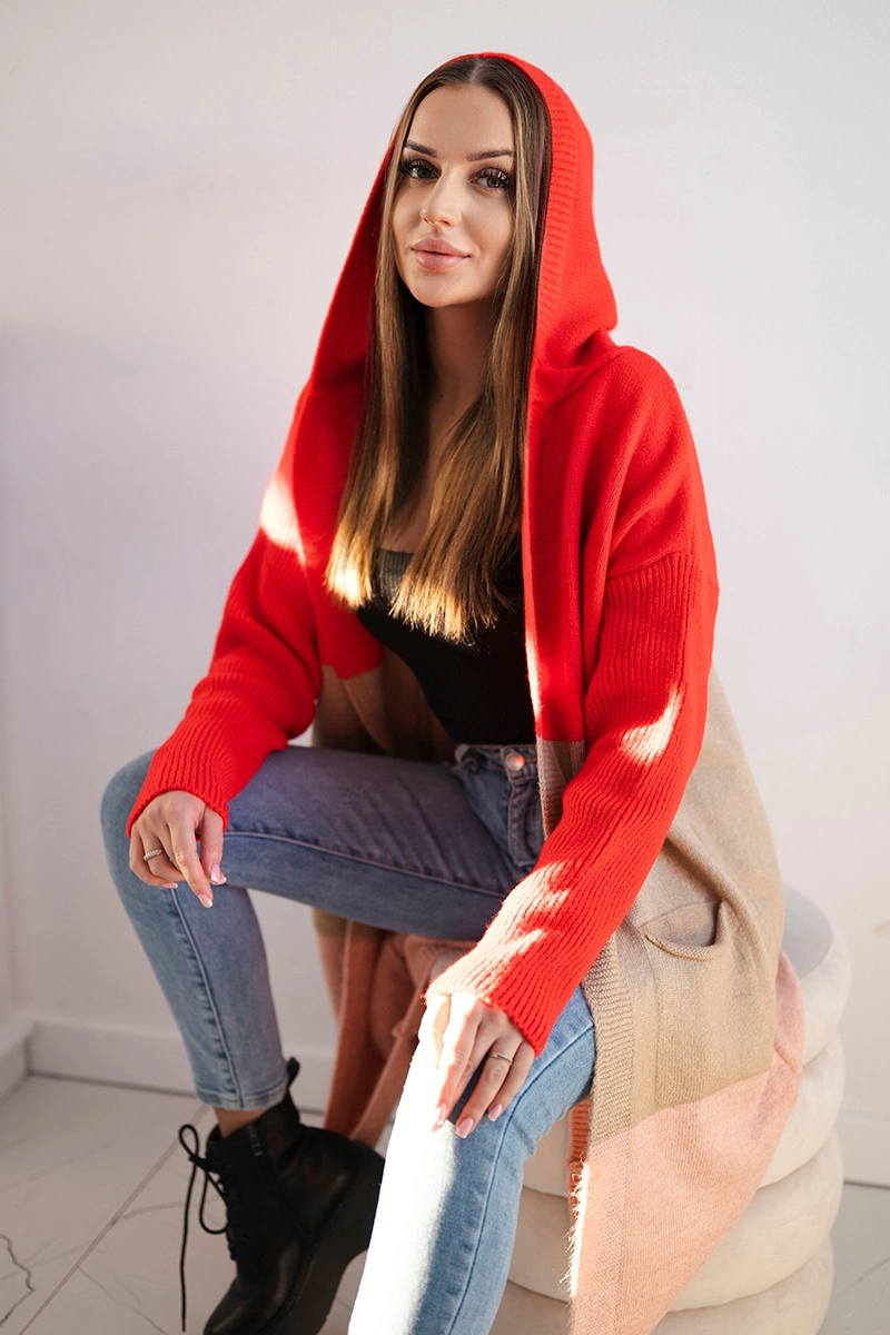 Striped hooded sweater red+camel+powder pink