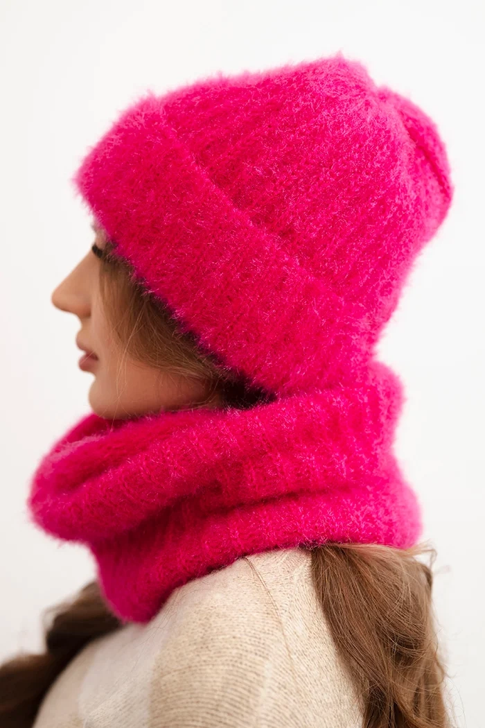 Kesi Women&#039;s set hat and winter fluffy cowl with decorative emblem fuchsia