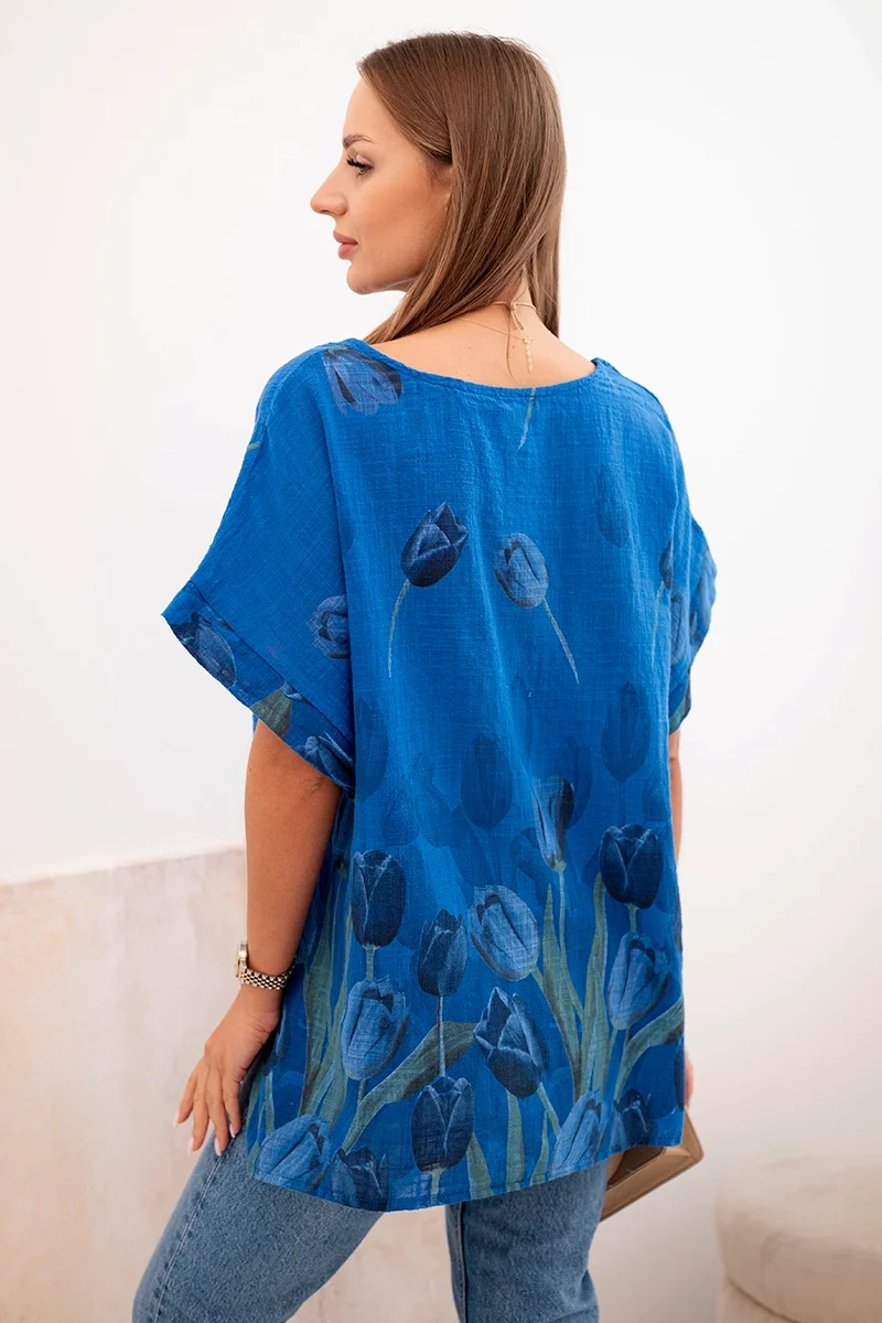 Kesi Włoski Women's cotton shirt with a floral pattern cornflower blue