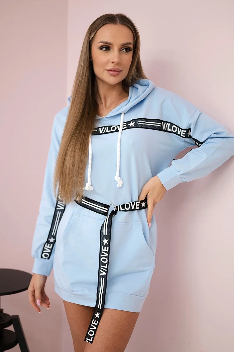 Dress decorated with a tape with inscriptions cyan