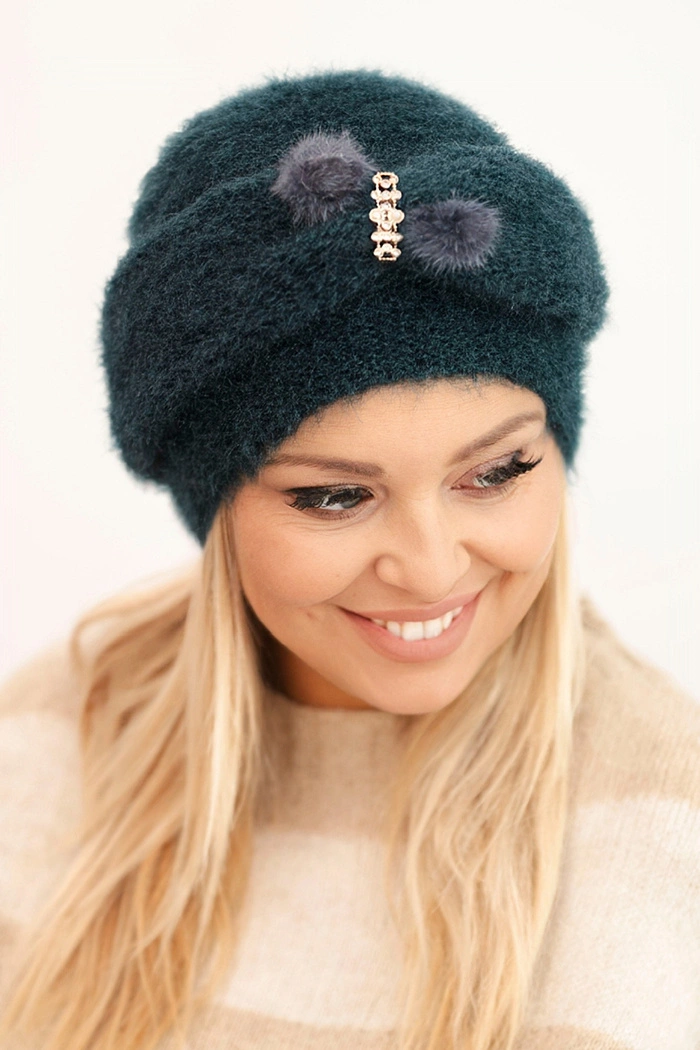 Kesi Women's winter fluffy hat with decoration and fur teal