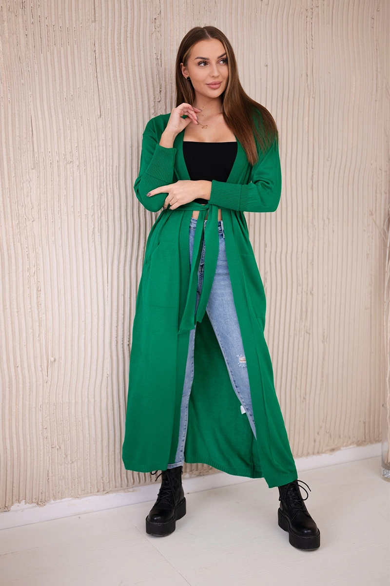 Long sweater with waist tie in green color