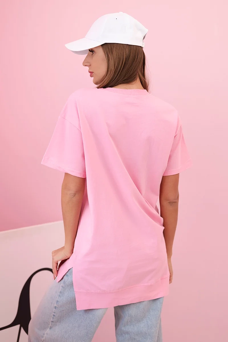 Kesi Women's oversized cotton T-shirt with a heart and fringes light pink