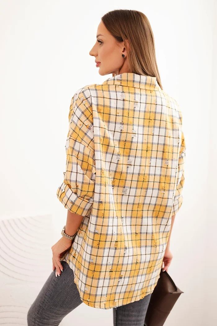 Kesi Włoski Women's cotton checkered shirt with a distressed effect mustard