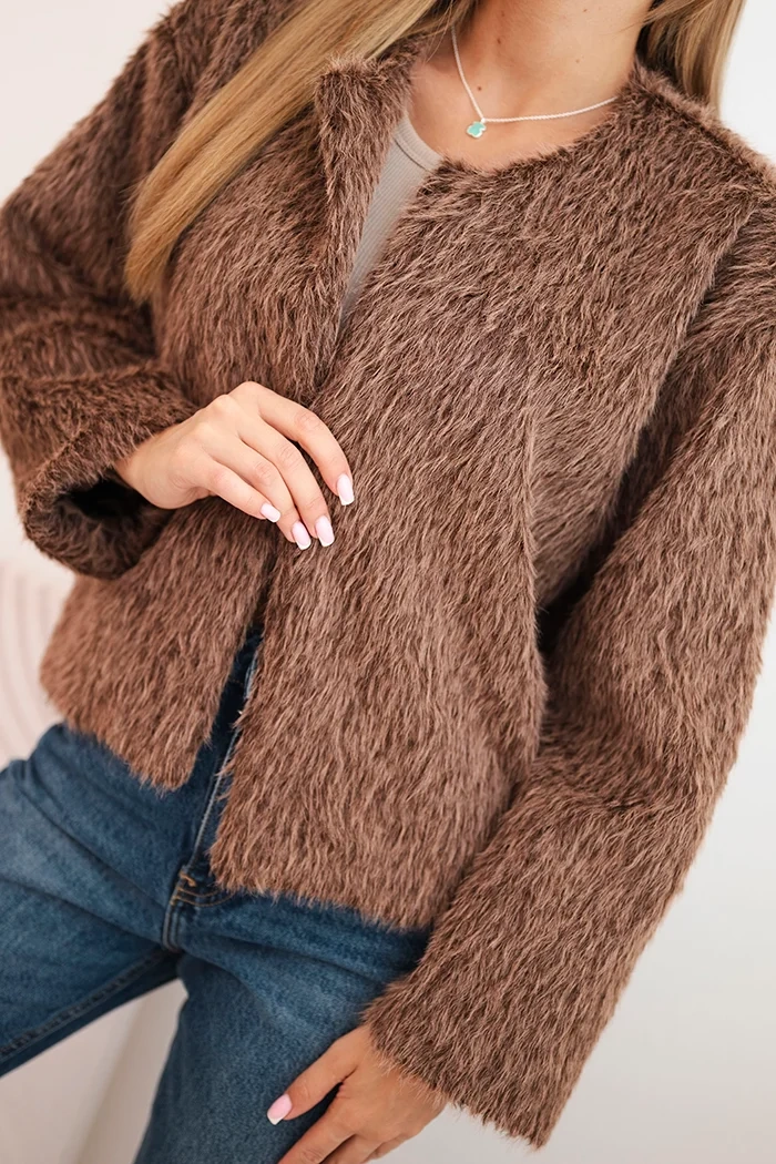 Kesi Włoski Faux fur women's jacket without fastening brown