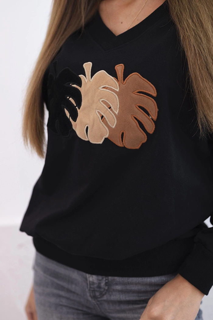 Kesi Women&#039;s sweatshirt with a V-neck and velvet leaf black