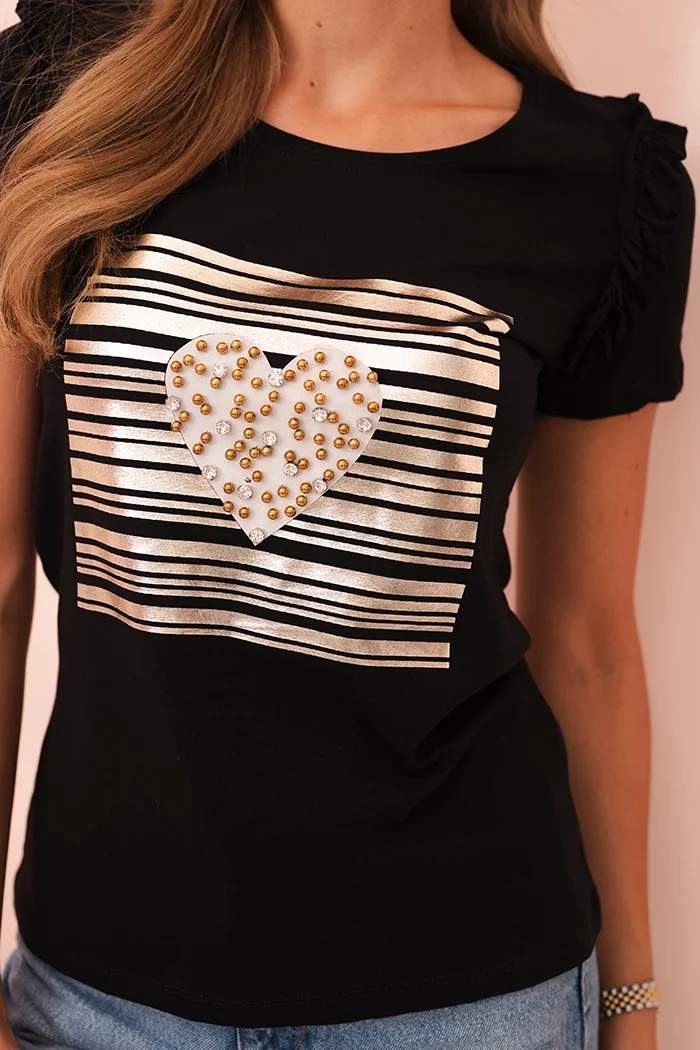 Kesi Women&#039;s cotton blouse with ruffle and heart made of rhinestones black