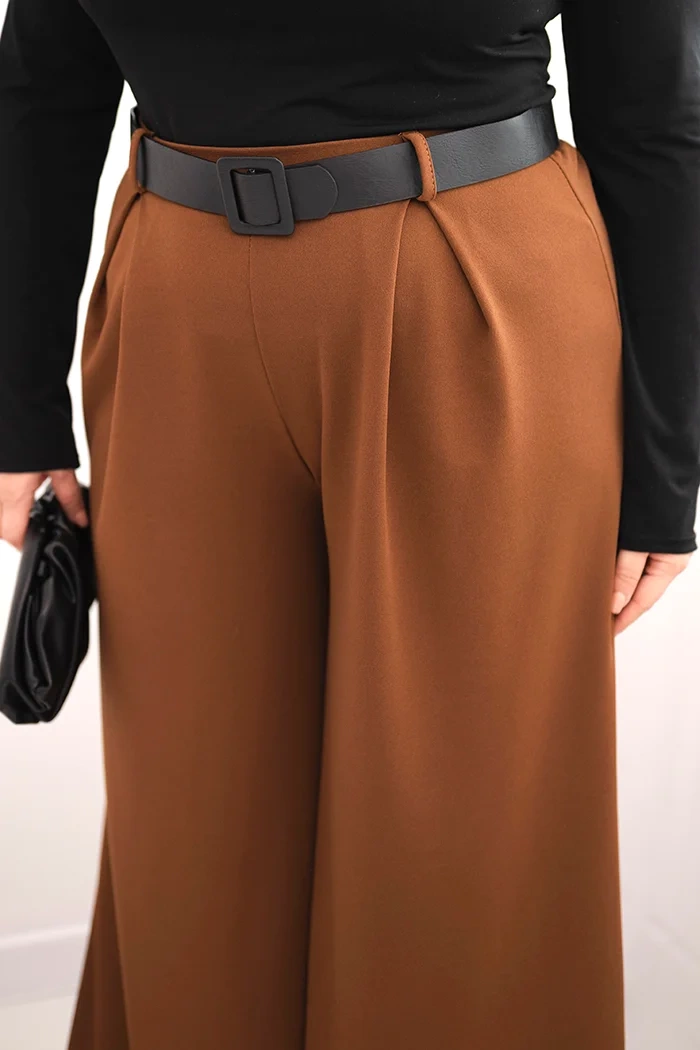 Kesi Włoski Plus Size women's pants with wide leg and belt chocolate