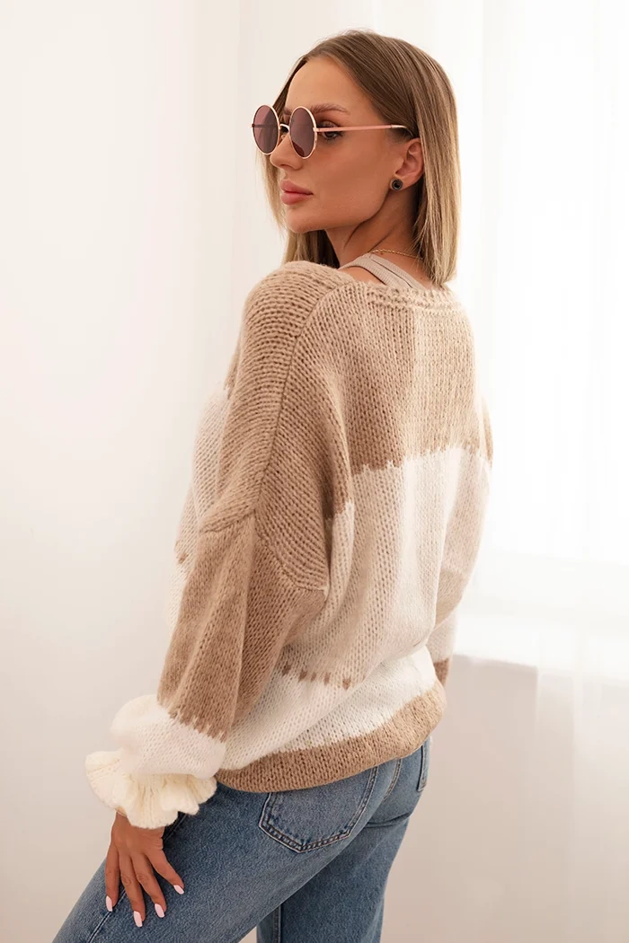 Kesi Włoski Women's striped sweater with buttons camel + beige